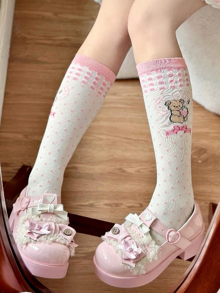 Print Polka-dot Pink Lolita Socks Bowknot Calf Pattern Bear Strawberry Hug