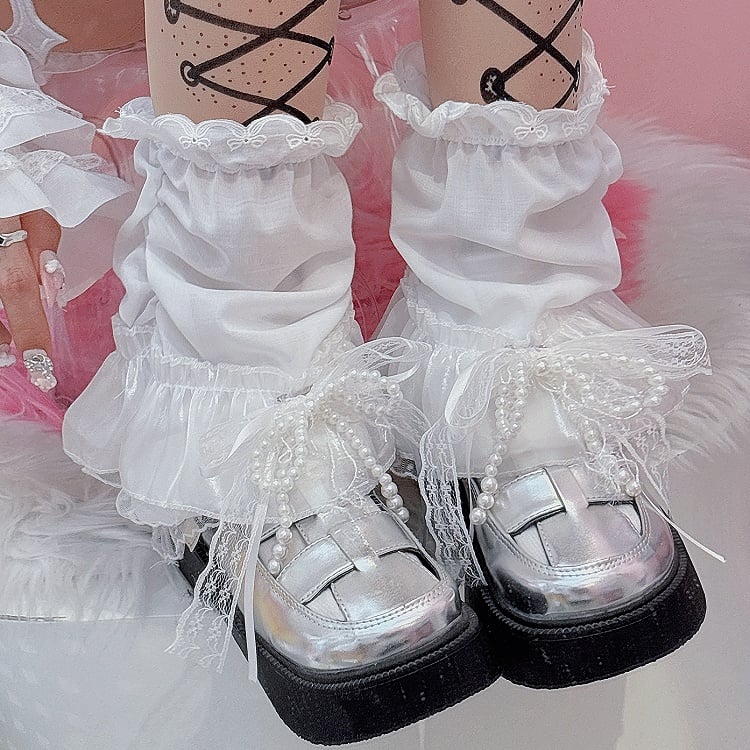 Beaded White Lace Decorated Sleeves Trim Leg Bowknot Y2K
