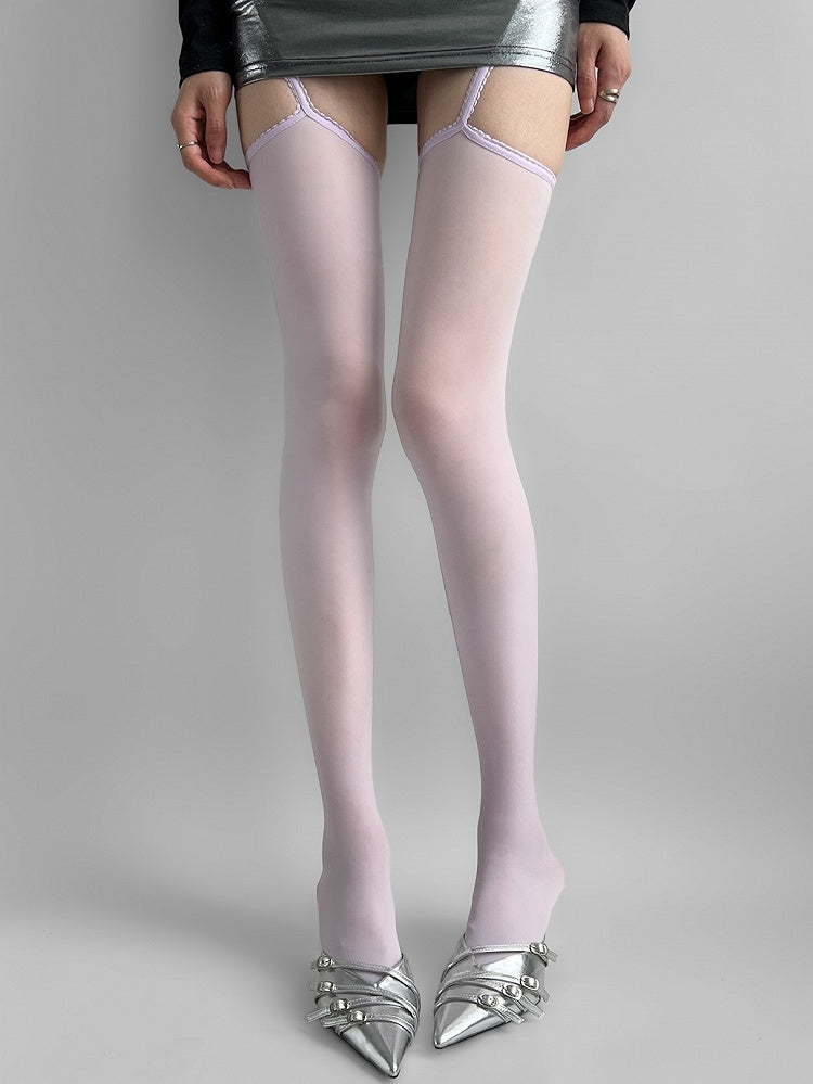 Lace Trim White/Purple/Gray/Black Suspender Stockings