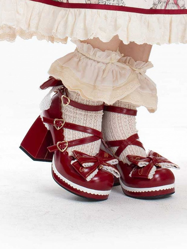 at Crisscross Design Red Block High Detachable Heels Heart Top Bow Buckles