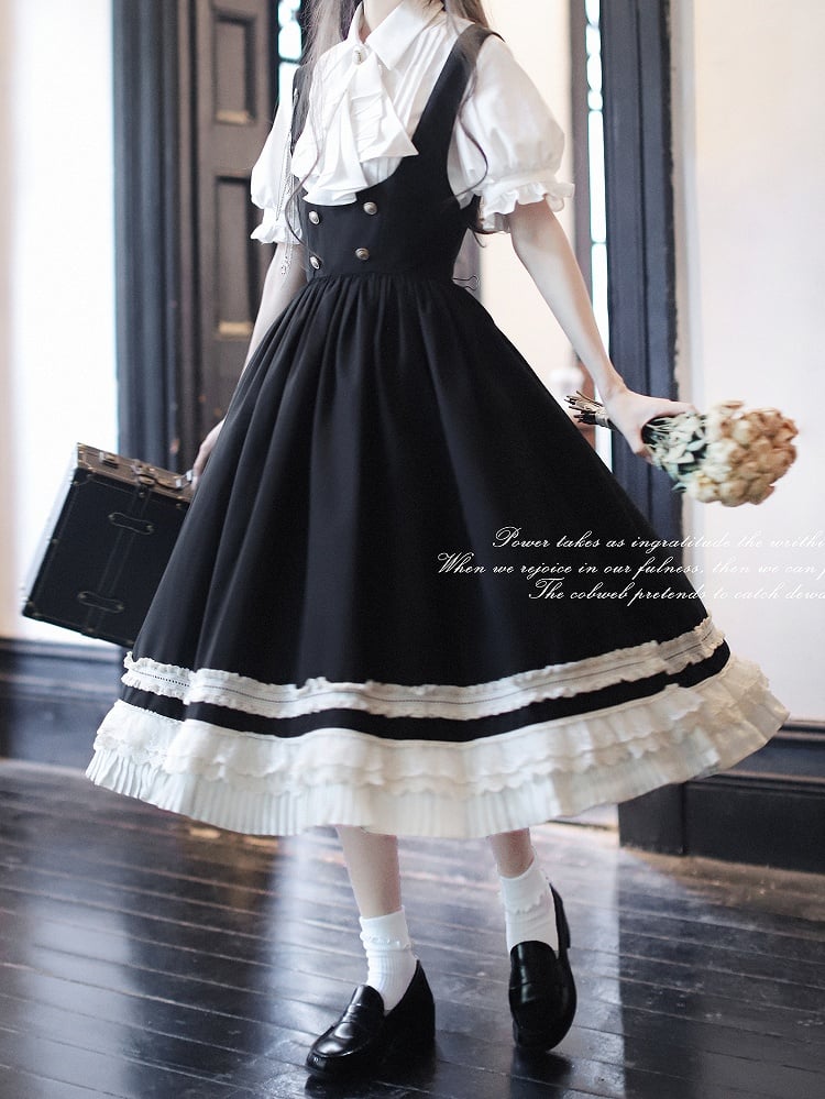 Preppy Style Black High Waist Overall Dress with Beige Lace Trim