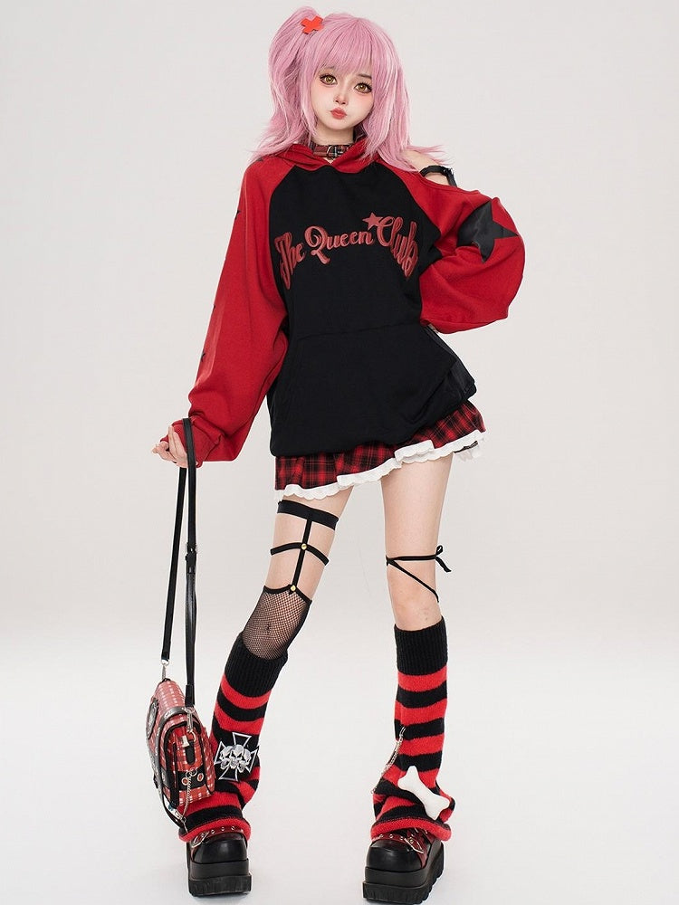 Red/Blue Letters Print Colorblock Design Cutout Shoulder Hoodie
