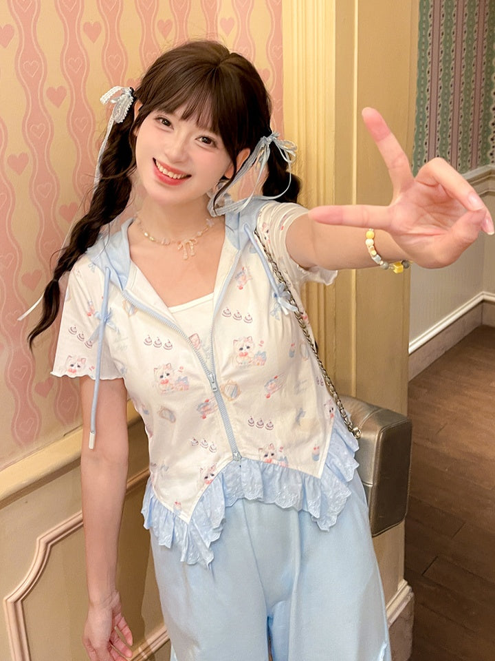 Zip-up Hooded Cute Kitty Print Curved Hem Lace Blue Trim T-Shirt