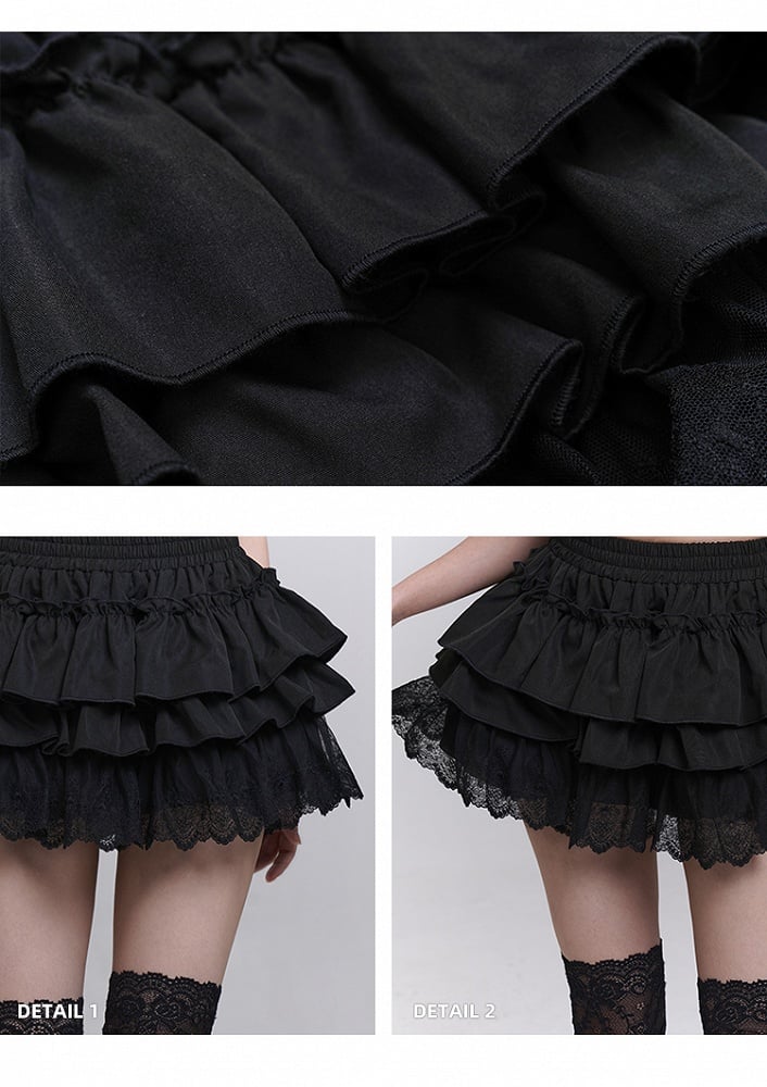 Bloomers Black Elastic Waist Lace Trim Mini Tiered Skirt Lining