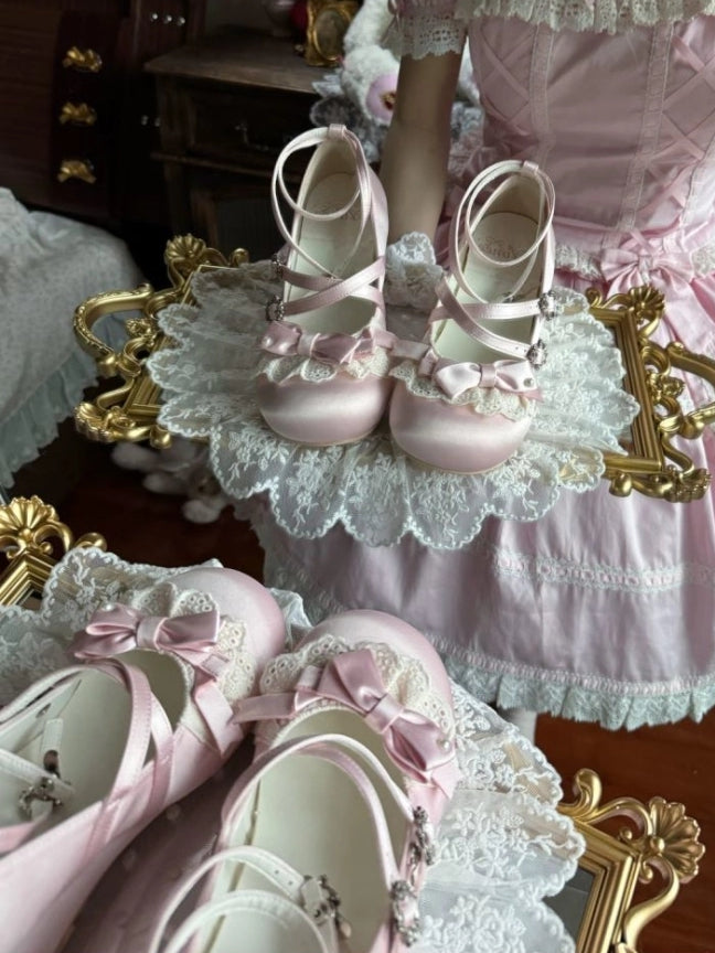 Bow Accents Lolita Sweet with Trim Wedge Crisscross Heels Lace Straps - Satin Pink