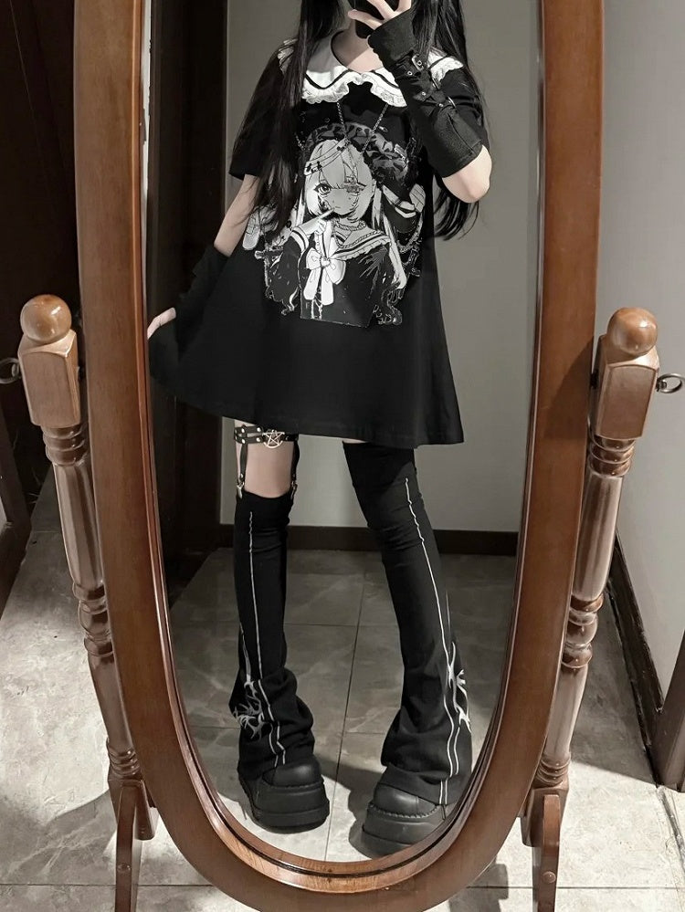Pan Jirai Kei T-shirt Collar Black Anime Girl Print Peter