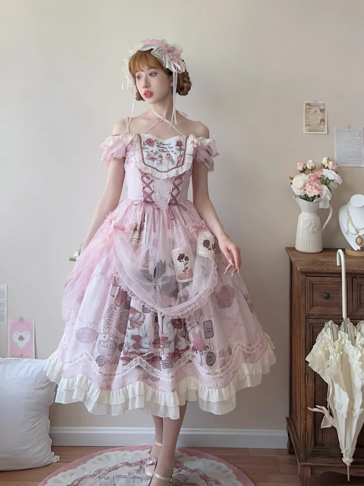 Waist Scalloped Pink Trim Bunny Edge Princess Dress Skirt Lolita Print Ruffle Basque