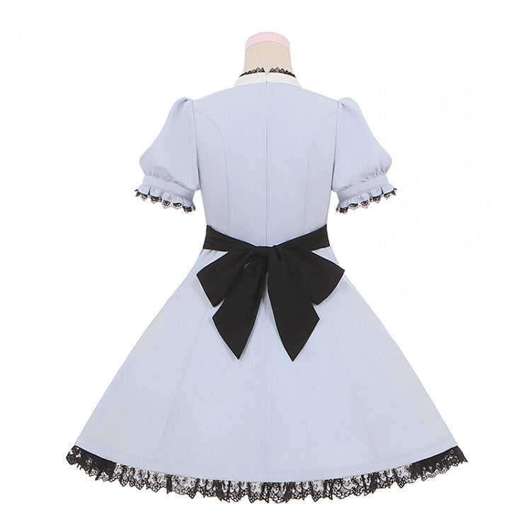 Blau/schwarzes Jirai Kei-Kleid mit Spitzenbesatz hinten und großer Schleife
