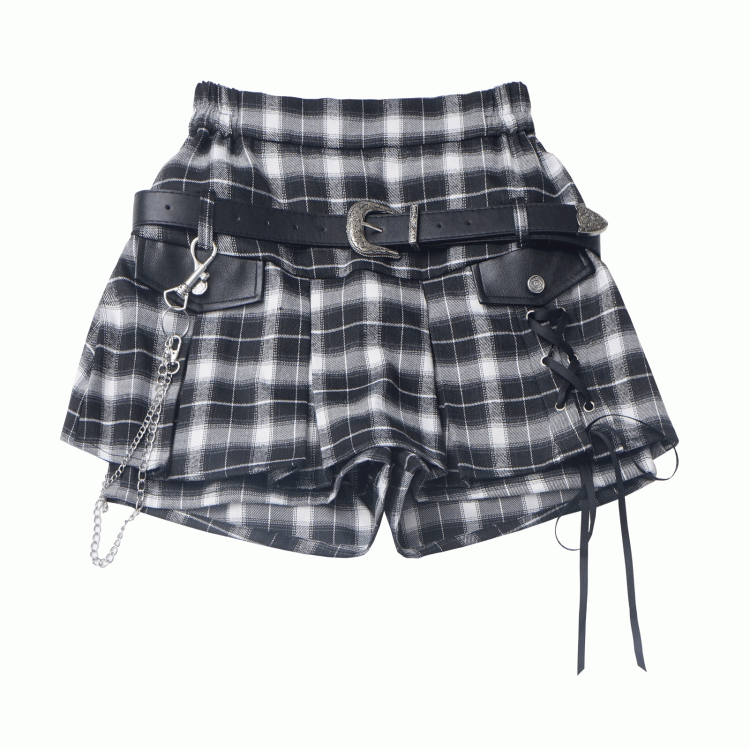 Y2K Lace-up Black Detail Plaid Skort with Buckle Belt and Chain White/ Khaki