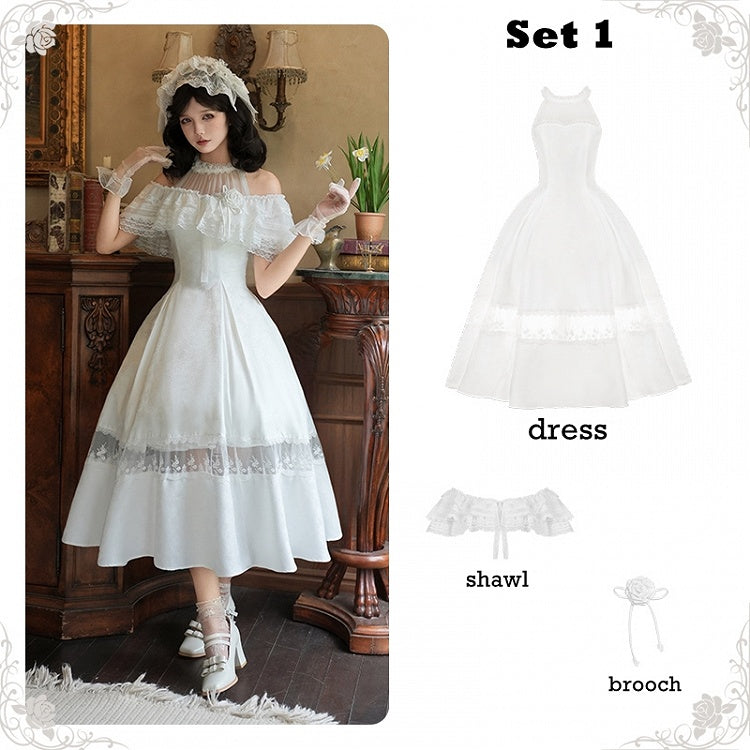 Halter Fabric Rosette Full Set Illusion Dress Jacquard Elegant White Neck