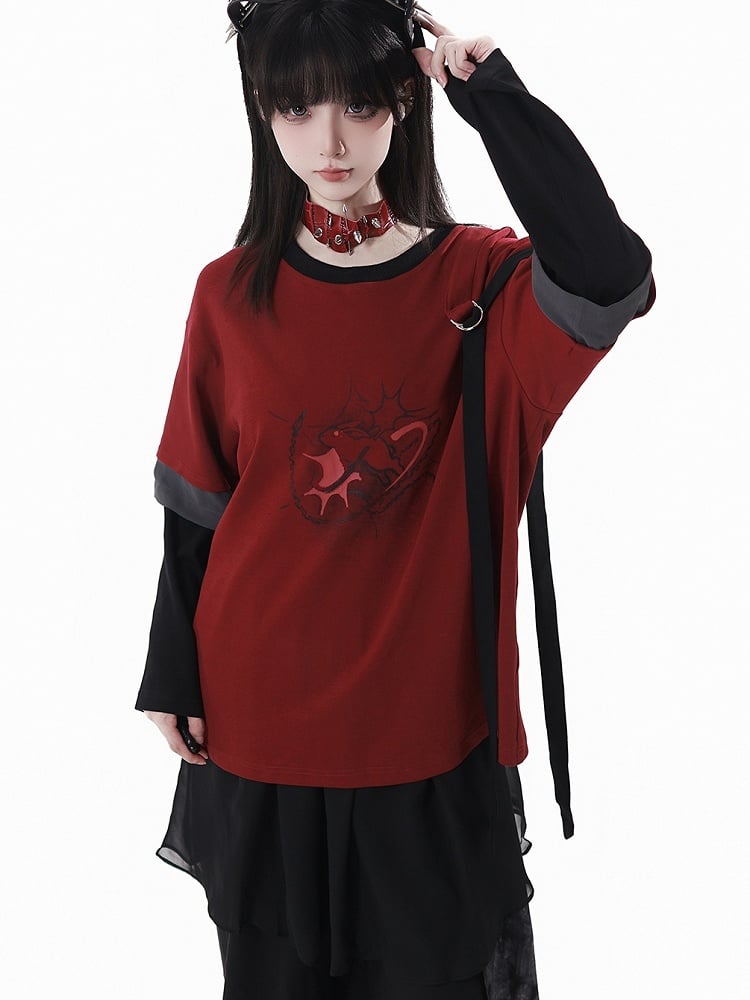Graphic Top with Detachable Sleeves Style Black Cheongsam Red and