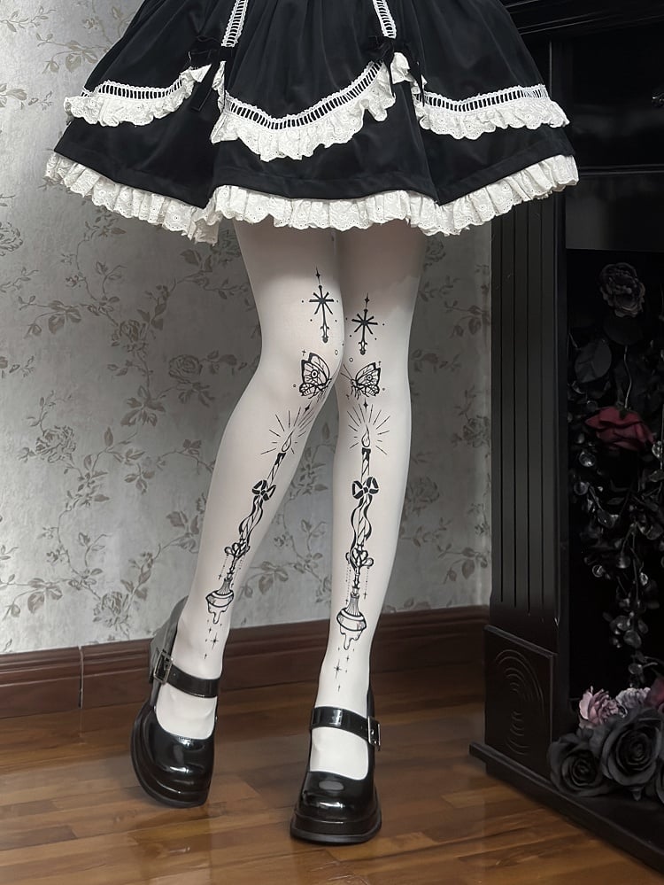 Tights Butterfly and Candelabra Print Gothic Lolita White