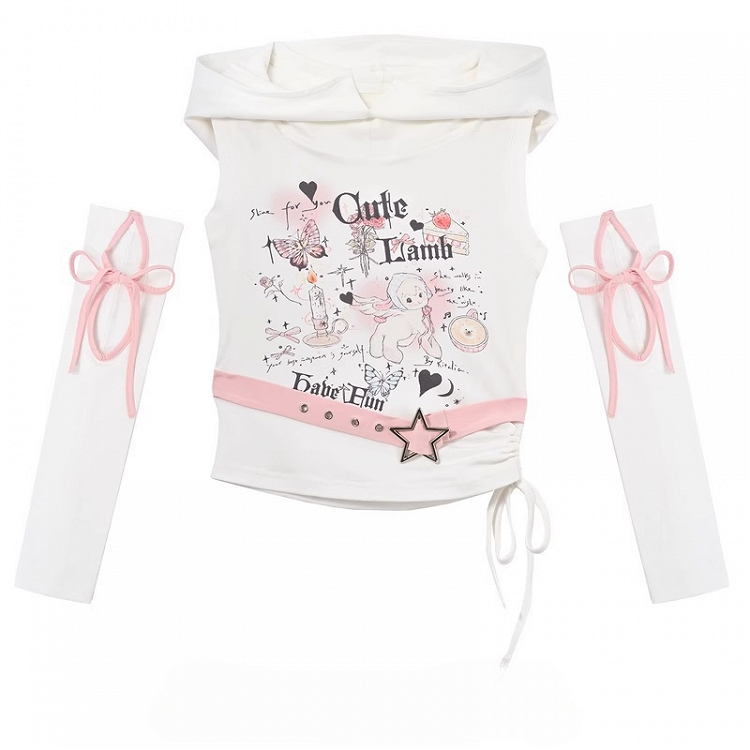 Buckle Armwear Lamb Print White Hooded Free Y2K Cute Tank Top with Star