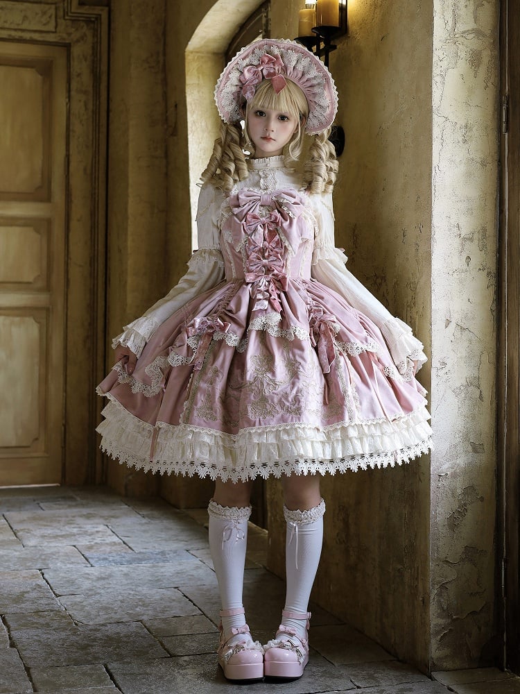 Lolita Candle Decoration Dress Bows JSK Velvet Embroidery / Pink