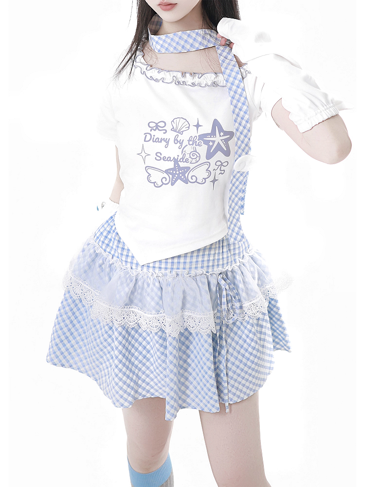 Blau mit Schal, kariertes Rosa/Baby-T-Shirt mit Seestern- und Muschel-Print und Rüschen am asymmetrischen Ausschnitt