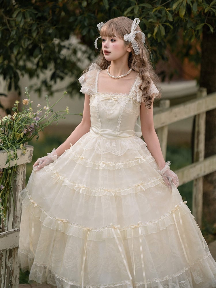 Beads Bow Creamy Princess Accents White Neckline Ribbon Dress Lolita