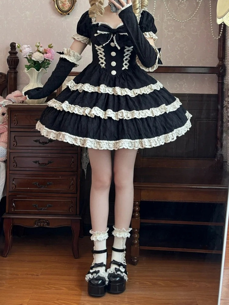 and Lolita Waist One Lace Piece Basque School Dress Beige Old Black Trim
