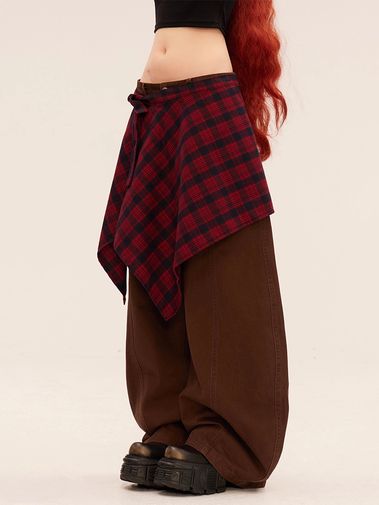 Rise Vintage Gray/Brown Dark with Plaid Waist Accessory Wide-leg Pants Low