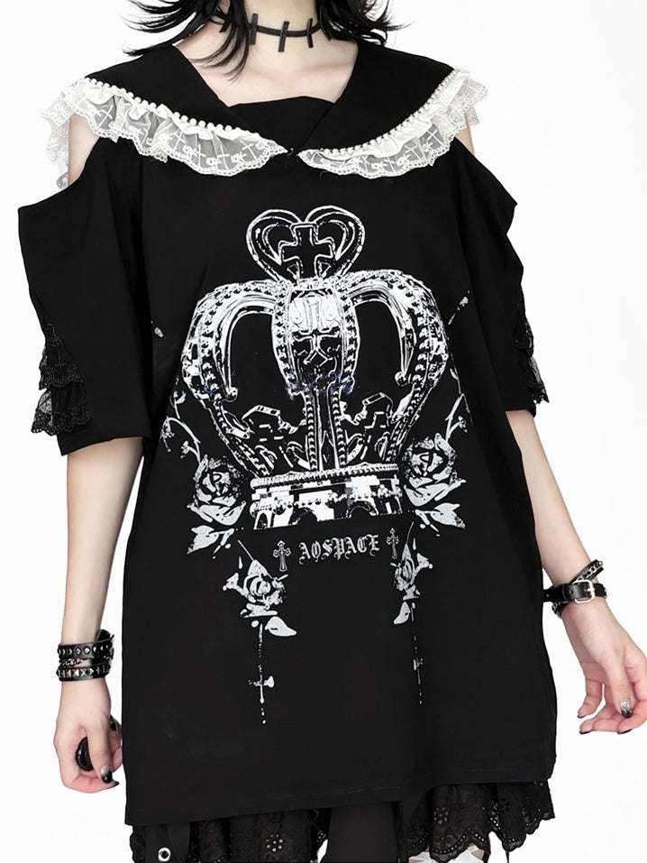 with Purple Crown White and Print Shoulders - Cutout / T-Shirt Collar Black Beaded Sailor