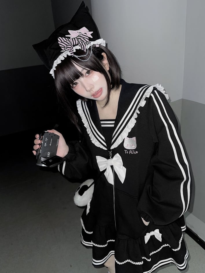 Embroidery Zip Kitty Jirai Kei Collar Dress Black Landmine Style Sailor Closure