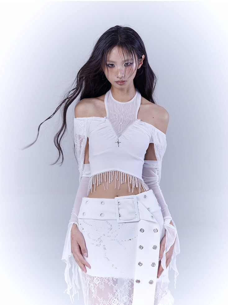 Hood Punk Hem Top with Cropped White Cutout Lace Shoulder Beaded Tassel