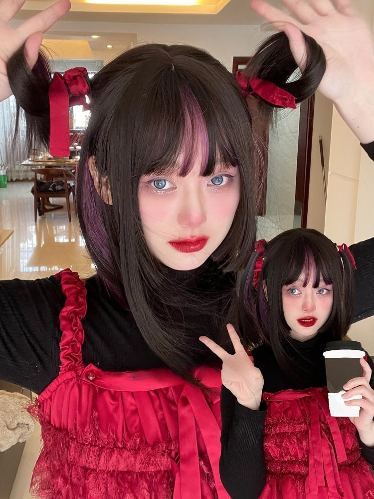 With Length Purple 56CM Wig Bangs And Black Straight Air Highlight