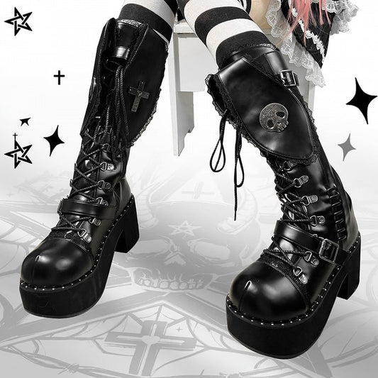 Schwarze Gothic-Stiefel mit Punk-Hasenohren-Design und Plateau-Blockabsatz