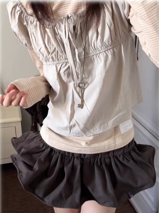 Beige Puff Sleeves Self-tie Strap Neckline Top