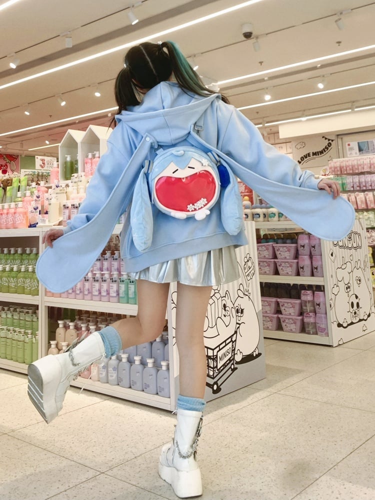 Full Set: Ears Snow + Tie Oversized Blue Hoodie + Socks + Skirt + Bunny Shirt