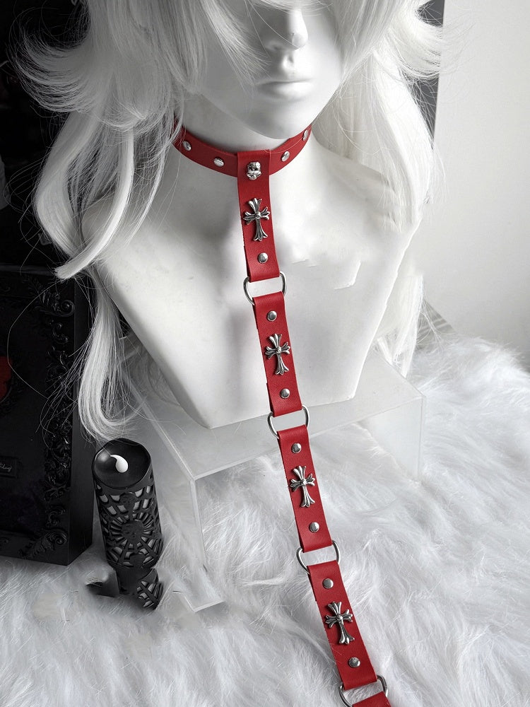 Kette Choker Punk Schwarz/Rot PU Kreuz Verziert Stud und