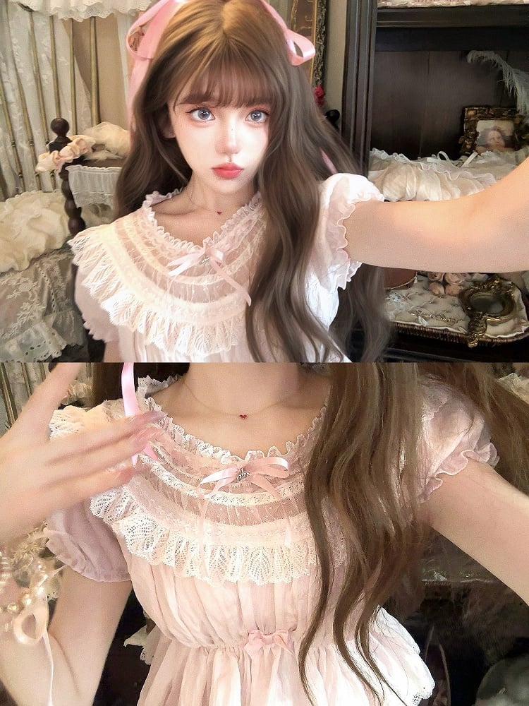 Lace Trim Hem With Peplum Top Puff Pink Sleeves