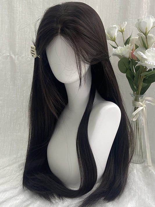 Black Tea 70CM Waist Length Straight Wig With Curtain Bangs