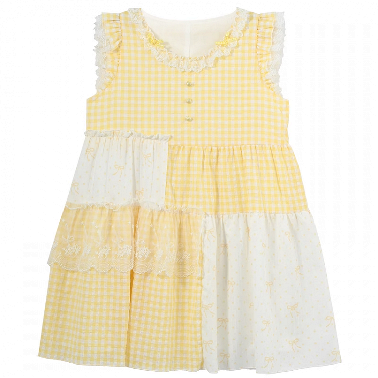 Plaid Dress Tiered Yellow Patchwork Design Flutter Sleeves Sweet