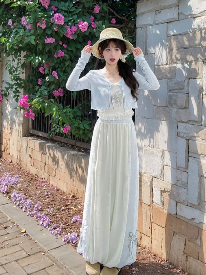 Version Cuffs Holiday Blue and White Colorblock Design Wide-Leg Pants Butterfly Embroidery Regular/Short