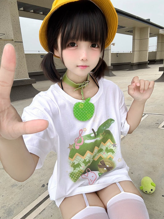 Green Apple Print White Round Neck Cotton T-Shirt Apple Choker Free with