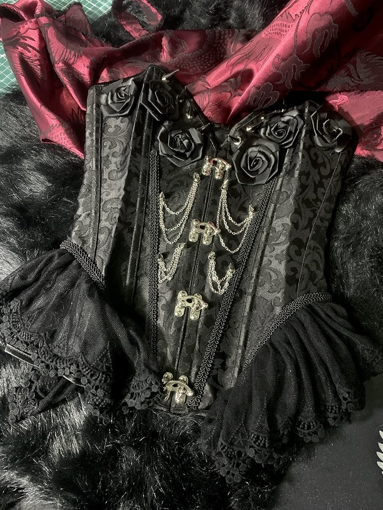 Gothic Black Rosette Studs Chain Embellished Boned Corset