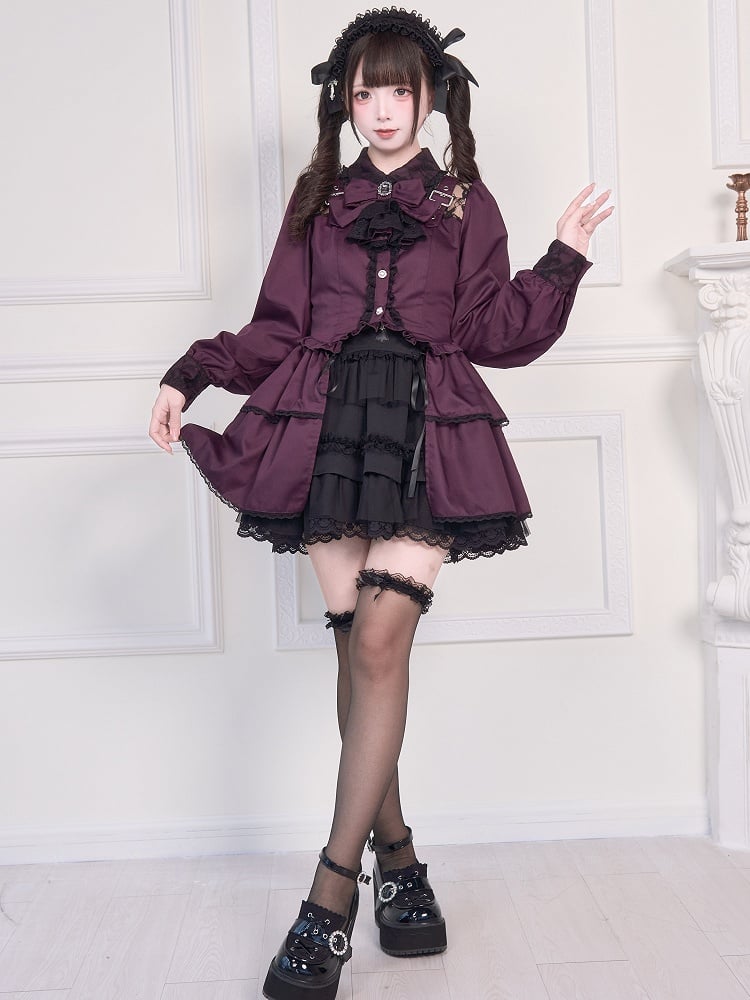 Blouse Bowknot Illusion over Jirai Neckline Straps Buckle Purple Brooch Kei and with