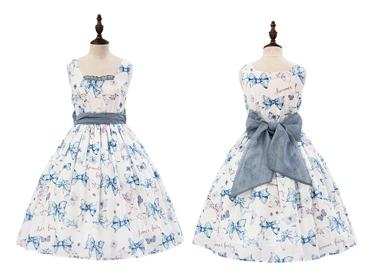 Süßes Lolita-Kleid mit Schleifenmuster und hoher Taille in Blau