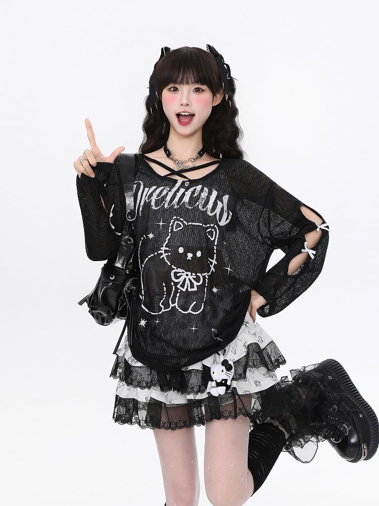 Black/White Semi-Sheer Knit Top with Cutout Sleeves and Cute Cat Print