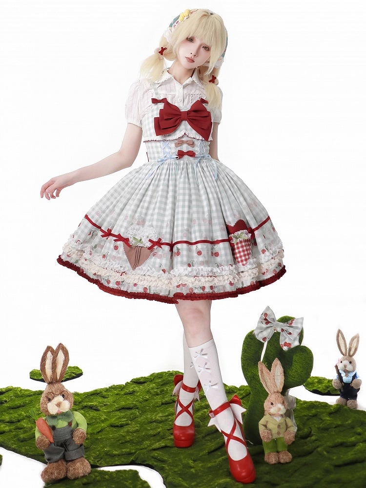Cherry Dress Print Blue Lolita Sweet Jumper Skirt Red Gingham