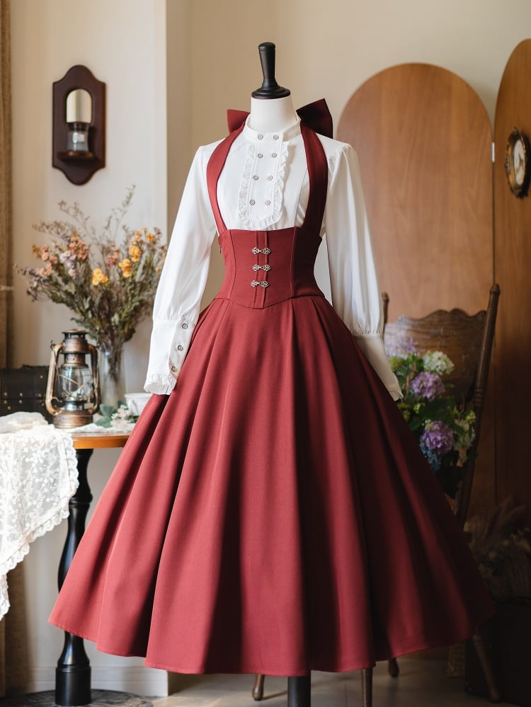 Red Long Version Autumn Vintage Detachable Halter Strap Boned High Waist Skirt