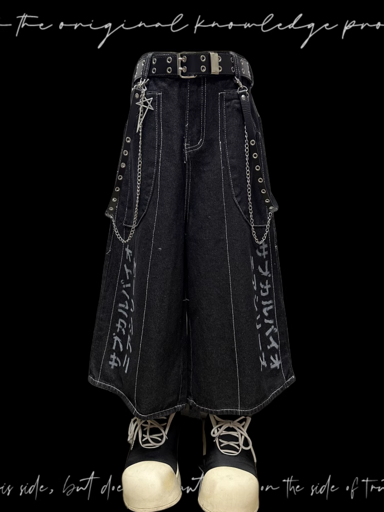 Denim Shorts Y2K Black Letter Print Wide-leg