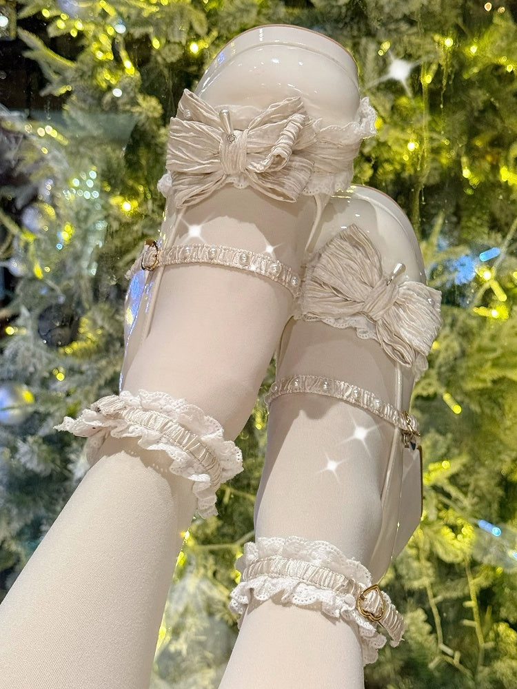 - Block Bead-Embellished Lace Janes Heel Platform and Upper White Sweet with Mary Creamy Bow High Accented Strap