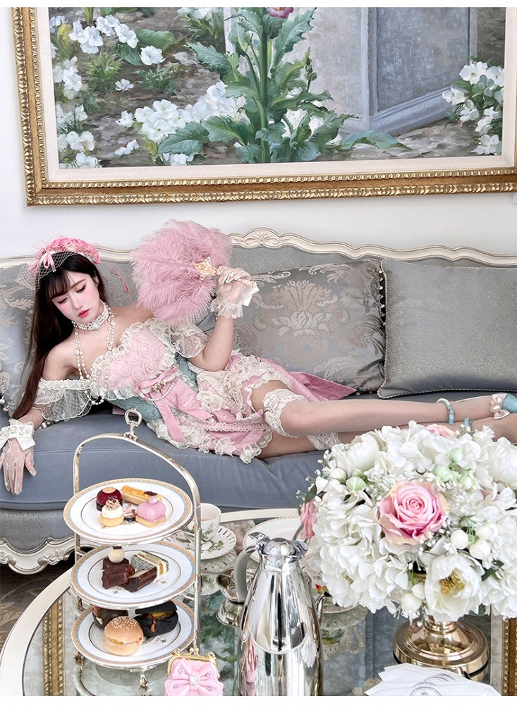 Rococo Sweetheart Skort + Corset Top Green Outfit Pink Neckline Roses