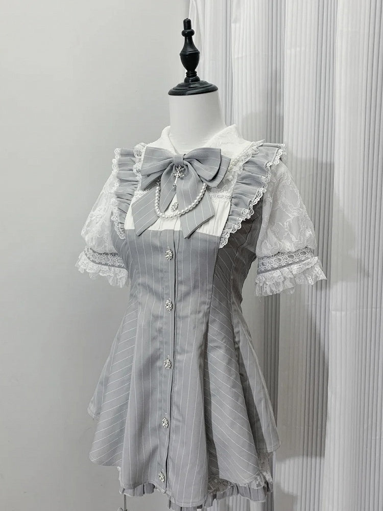 Gray Striped Jirai Kei Set- Back + Tie Neckline Bow Lace-up Mini Dress + Shorts Illusion