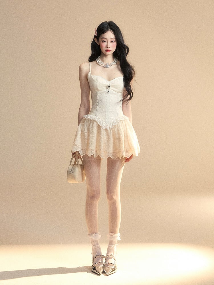 Spaghetti Strap Dress Apricot Sweetheart Neckline Basque Waist Puffy