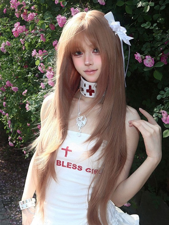 With 86CM Straight Bangs Length Wig Champagne Air