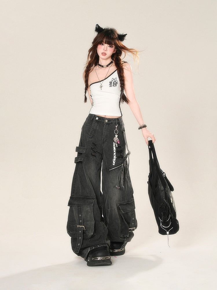 Black Distressed Holes Buckle Wide-Leg Jeans Cargo Pockets Straps