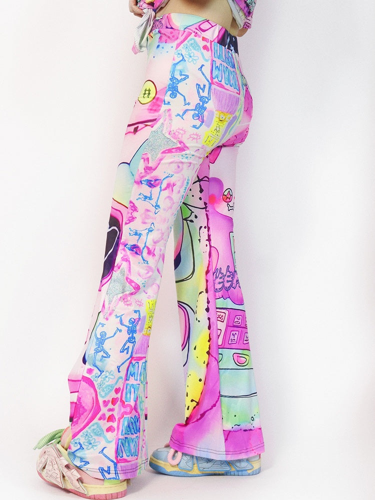 Cartoon Silhouette Pants Flare Print Y2K Colorful