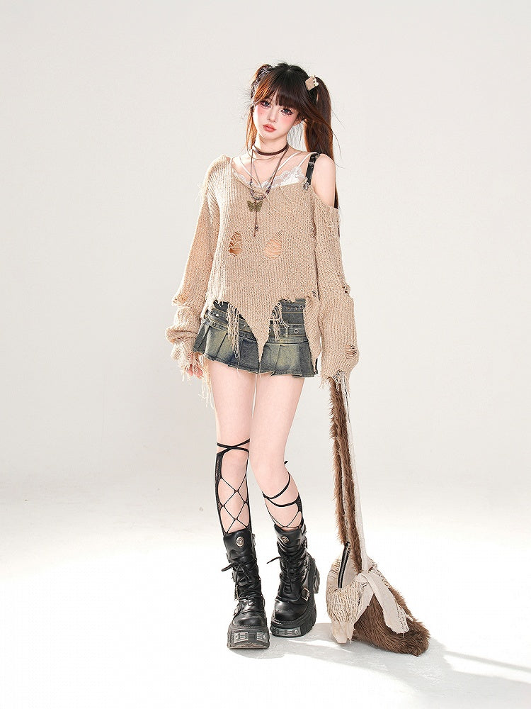 Gestrickter Punk Khaki Asymmetrischer Ausschnitt und Löcher am oberen Saum Wasteland Distressed